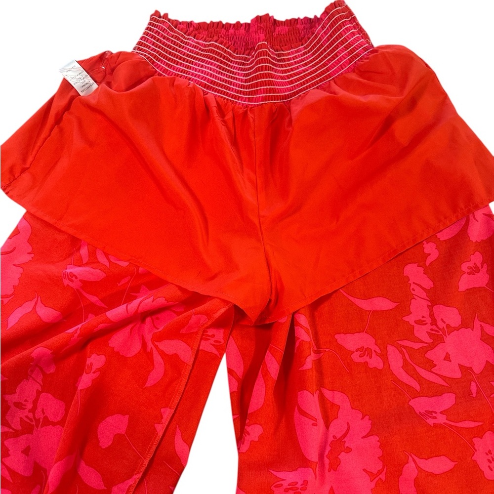 Staccato Wide Leg Pants Size Large Cherry Red Floral Pattern Elastic Waistband - Picture 6 of 11